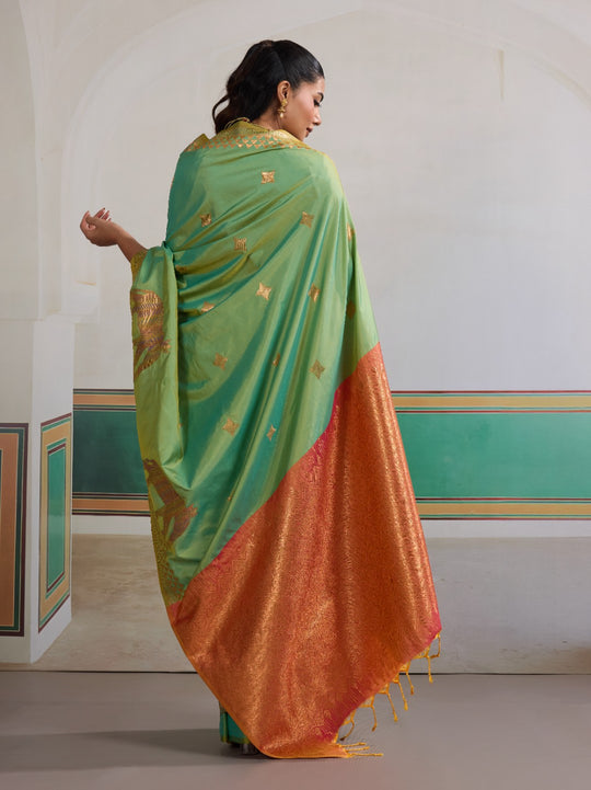 Sea-Green Pure Silk Handloom Weaving Saree With Blouse Piece