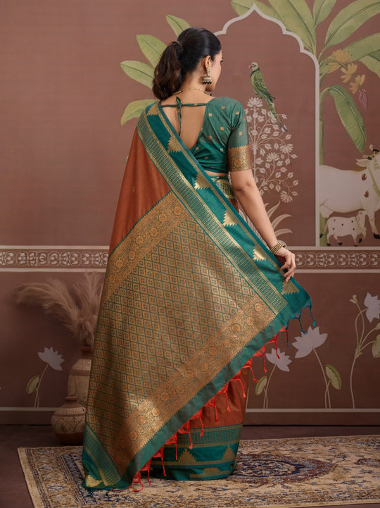 Orange Tussar Silk Handloom Weaving Saree With Blouse Piece