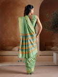 Green Handwoven Bhagalpuri Weaving With Multi Pallu & Blouse Saree With Blouse Piece