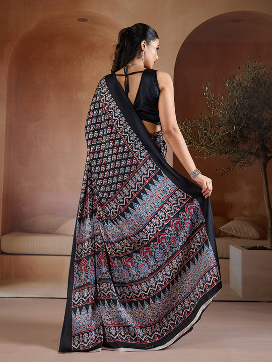 Black Printed Ajarakh Satin Crepe Saree With Blouse Piece