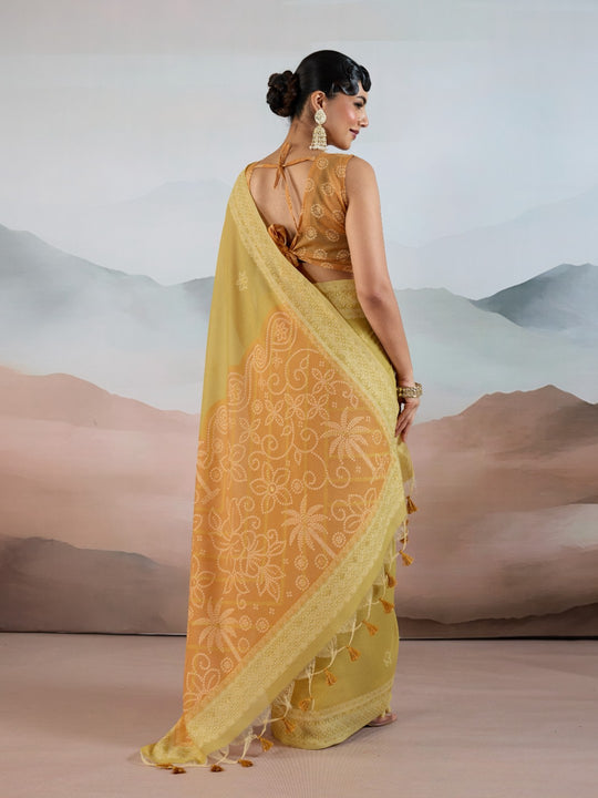 Yellow Pure Viscose Cotton Handloom Weaving Saree With Blouse Piece