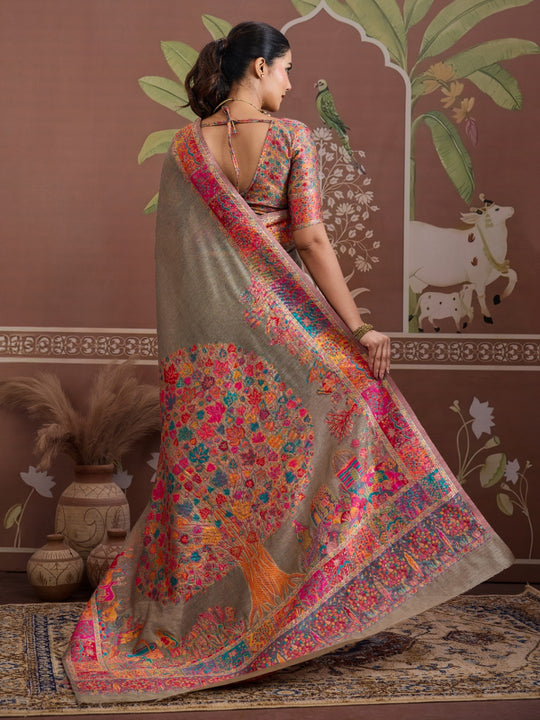 Grey Modal Cotton Pashmina Weaving Saree With Blouse Piece