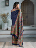 Blue Printed Ajarakh Satin Crepe Saree With Blouse Piece