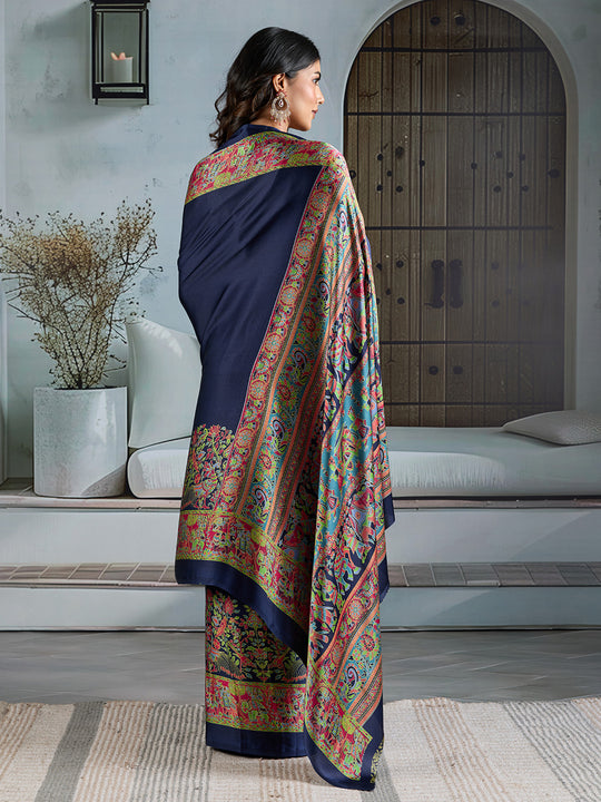 Blue Printed Ajarakh Satin Crepe Saree With Blouse Piece