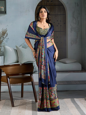 Blue Printed Ajarakh Satin Crepe Saree With Blouse Piece