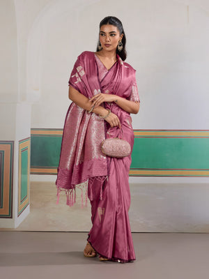 Pink Pure Satin Handloom Weaving Saree With Blouse Piece