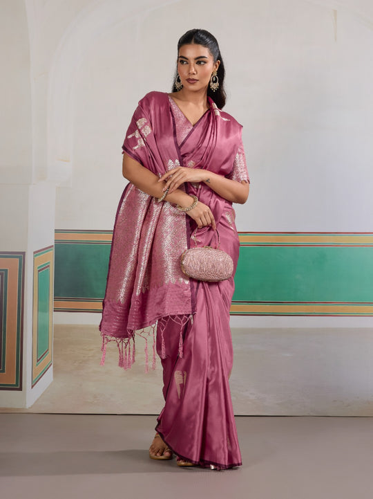 Pink Pure Satin Handloom Weaving Saree With Blouse Piece