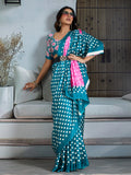 Rama Printed Ajarakh Satin Crepe Saree With Blouse Piece