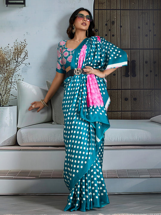 Rama Printed Ajarakh Satin Crepe Saree With Blouse Piece