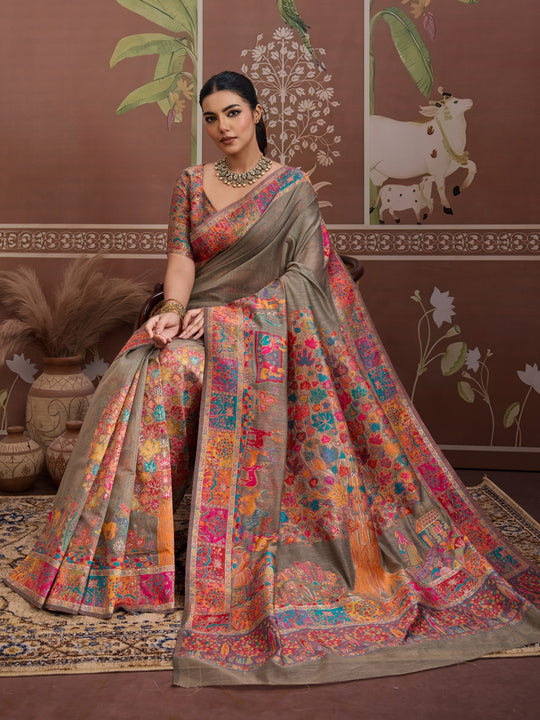 Grey Modal Cotton Pashmina Weaving Saree With Blouse Piece