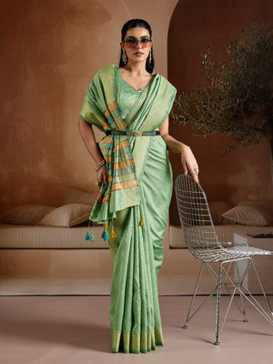 Green Handwoven Bhagalpuri Weaving With Multi Pallu & Blouse Saree With Blouse Piece