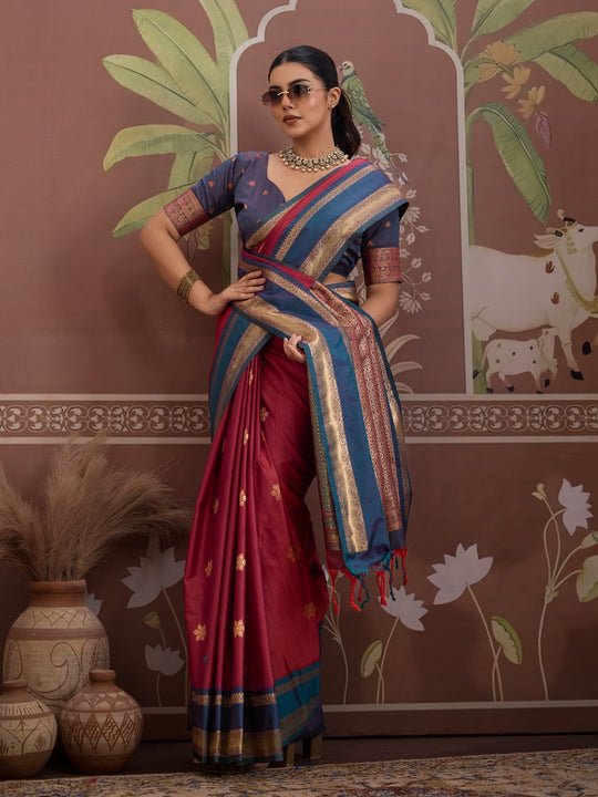 Maroon Tussar Silk Handloom Weaving Saree With Blouse Piece