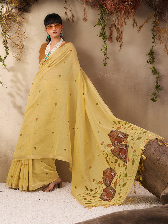 Yellow Munga Cotton Handloom Weaving Saree With Blouse Piece