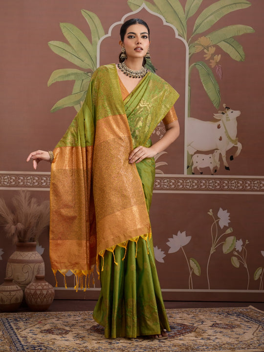 Green Tussar Silk Handloom Weaving Saree With Blouse Piece