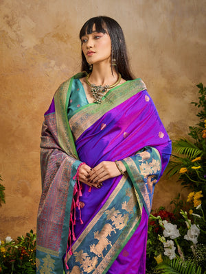 Wine Pure Silk Handloom Weaving Saree With Blouse Piece