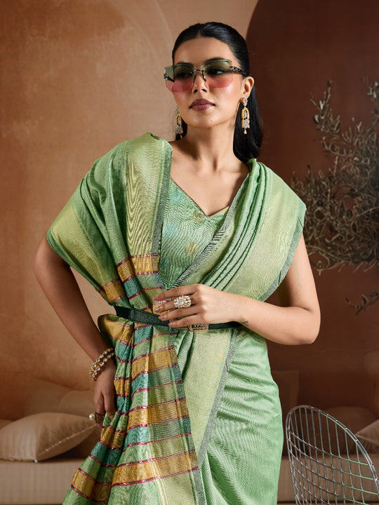 Green Handwoven Bhagalpuri Weaving With Multi Pallu & Blouse Saree With Blouse Piece