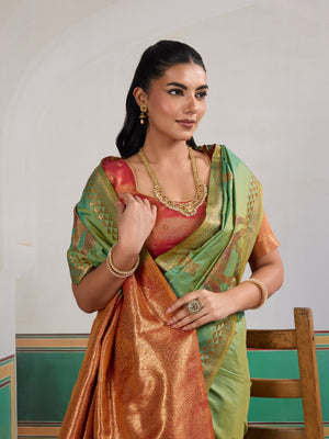 Sea-Green Pure Silk Handloom Weaving Saree With Blouse Piece