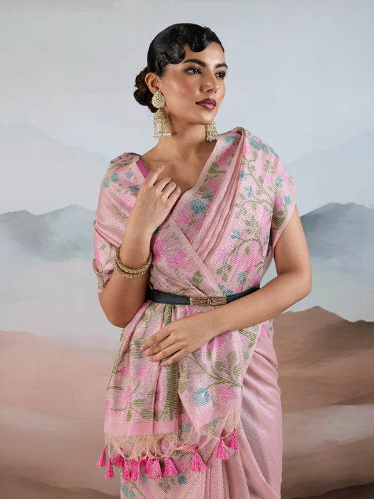 Pink Handloom Zari Tissue - Brasso Weaving Saree With Blouse Piece