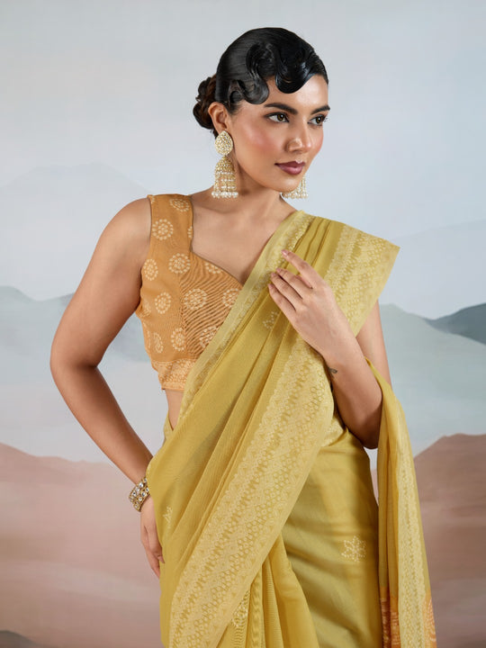 Yellow Pure Viscose Cotton Handloom Weaving Saree With Blouse Piece