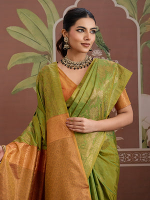 Green Tussar Silk Handloom Weaving Saree With Blouse Piece