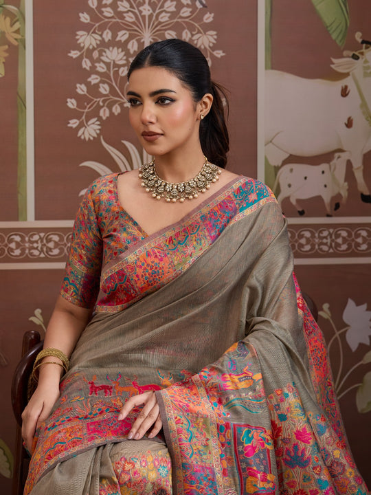 Grey Modal Cotton Pashmina Weaving Saree With Blouse Piece