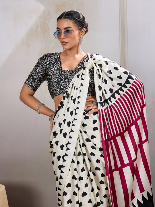 White Printed Ajarakh Satin Crepe Saree With Blouse Piece