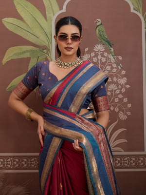 Maroon Tussar Silk Handloom Weaving Saree With Blouse Piece