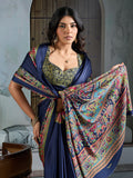 Blue Printed Ajarakh Satin Crepe Saree With Blouse Piece