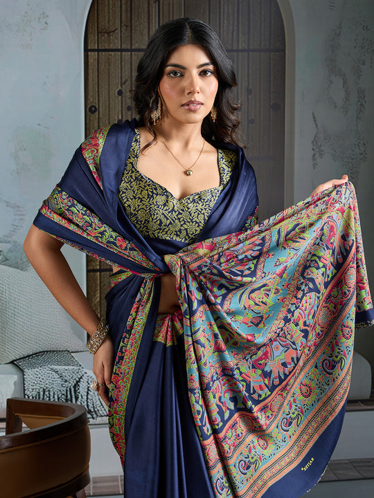 Blue Printed Ajarakh Satin Crepe Saree With Blouse Piece