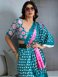 Rama Printed Ajarakh Satin Crepe Saree With Blouse Piece