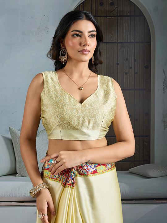 White Printed Ajarakh Satin Crepe Saree With Blouse Piece