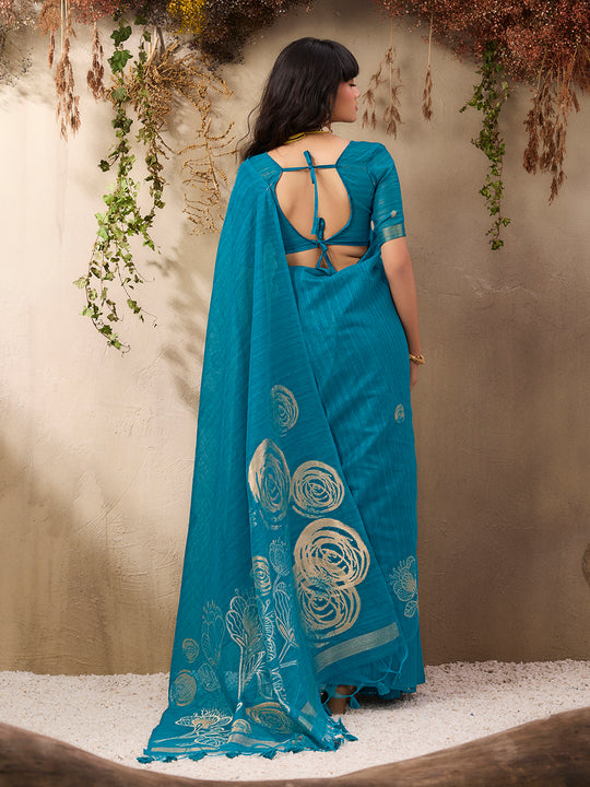 Blue Pure Munga Silk Handloom Weaving Saree With Blouse Piece