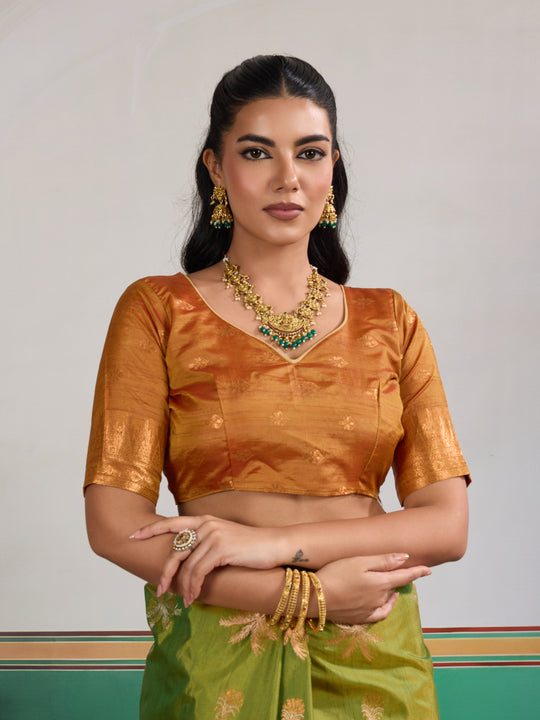 Green Tussar Silk Handloom Weaving Saree With Blouse Piece