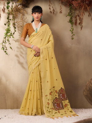 Yellow Munga Cotton Handloom Weaving Saree With Blouse Piece
