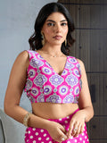 Pink Printed Ajarakh Satin Crepe Saree With Blouse Piece