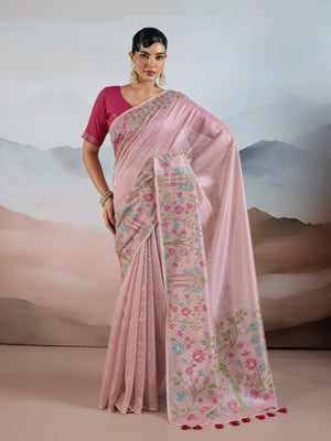 Selmon Pink Handloom Zari Tissue - Brasso Weaving Saree With Blouse Piece