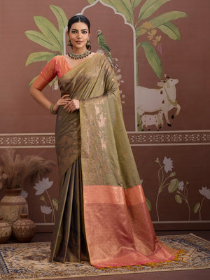 Grey Tussar Silk Handloom Weaving Saree With Blouse Piece