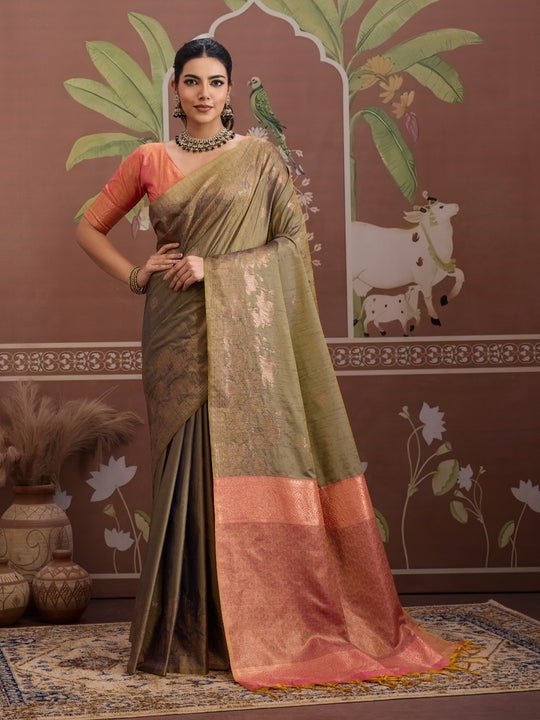 Grey Tussar Silk Handloom Weaving Saree With Blouse Piece