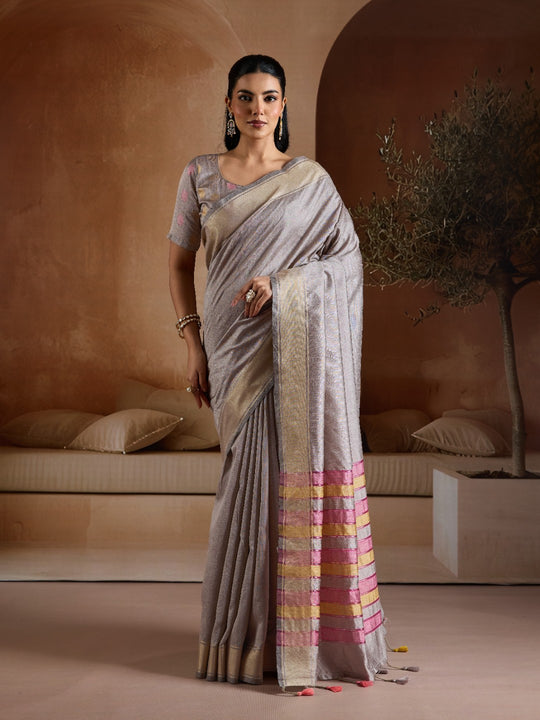 Grey Handwoven Bhagalpuri Weaving With Multi Pallu & Blouse Saree With Blouse Piece