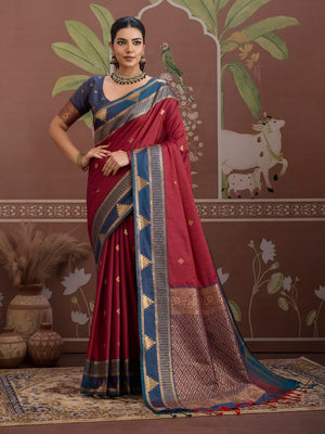 Red Tussar Silk Handloom Weaving Saree With Blouse Piece