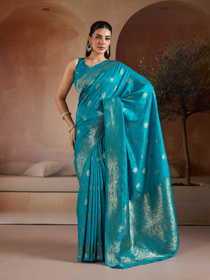 Blue Handloom Weaving Silk Saree With Blouse Piece