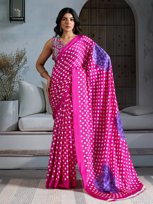 Pink Printed Ajarakh Satin Crepe Saree With Blouse Piece