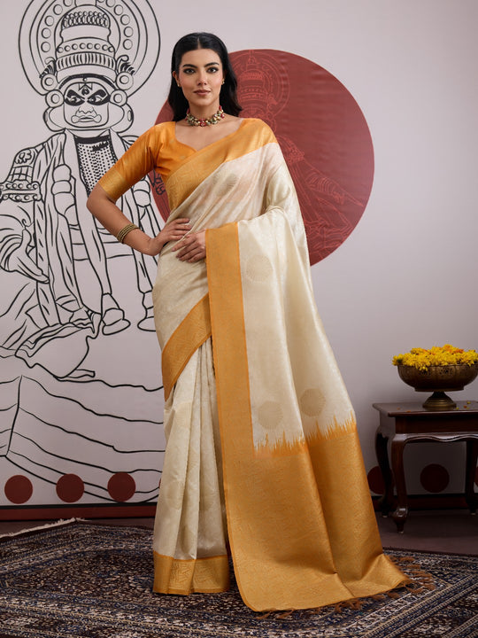 Yellow Handloom Weaving Paper Silk Saree With Blouse Piece