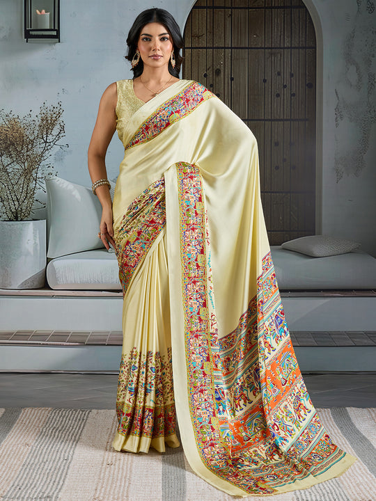 White Printed Ajarakh Satin Crepe Saree With Blouse Piece