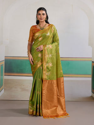 Green Tussar Silk Handloom Weaving Saree With Blouse Piece