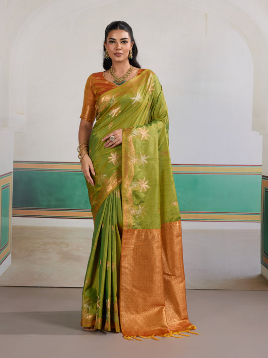 Green Tussar Silk Handloom Weaving Saree With Blouse Piece