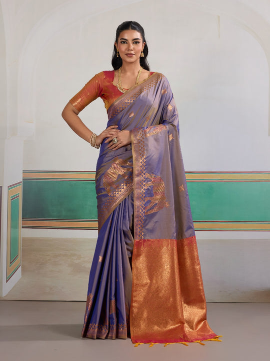 Purple Pure Silk Handloom Weaving Saree With Blouse Piece