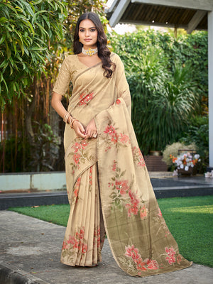 Beige Tissue Festive Wear Saree With Blouse Piece