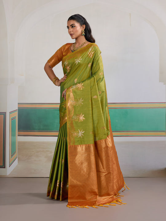 Green Tussar Silk Handloom Weaving Saree With Blouse Piece