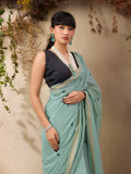 Blue Munga Cotton Handloom Weaving Saree With Blouse Piece